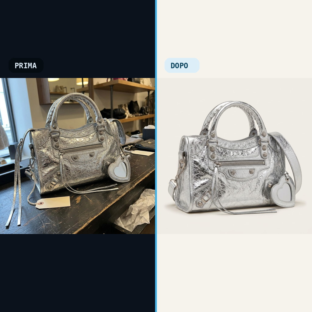 Borsa Le City Mini argento prima e dopo la preparazione della foto prodotto